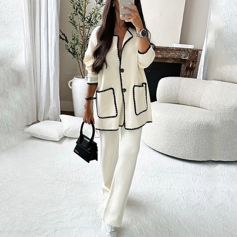 Conjunto de Dos Piezas Casual para Mujer Ribete Ondulado en Contraste Cárdigan de Manga Larga y Pantalones de Pierna Ancha Color Sólido Otoño