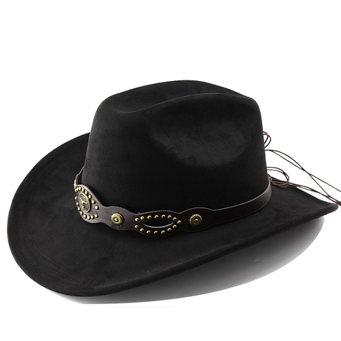 Western Cowboy Hat Faux Suede Wide Brim Decorative Leather Band Metal Rivets Bull Head Concho Outdoor Travel Unisex