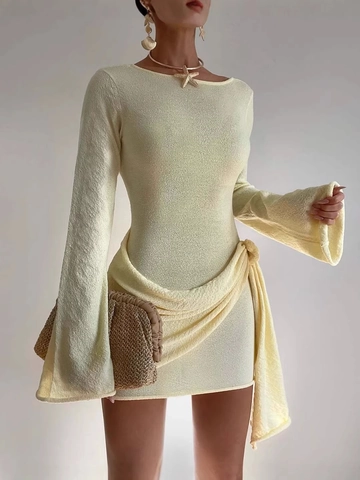 Abito Mini Arricciato A Maniche Lunghe Da Donna Tinta Unita Fiore 3D Legatura Laterale Maglia Texturizzata Sexy Vacanze Spiaggia Aderente
