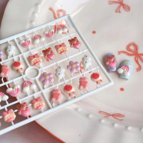 Charms De Resina 3D Para Uñas Arcoiris Oso Flor Caramelo Lazo Formas Lindo Color Macaron DIY Manicura Decoración