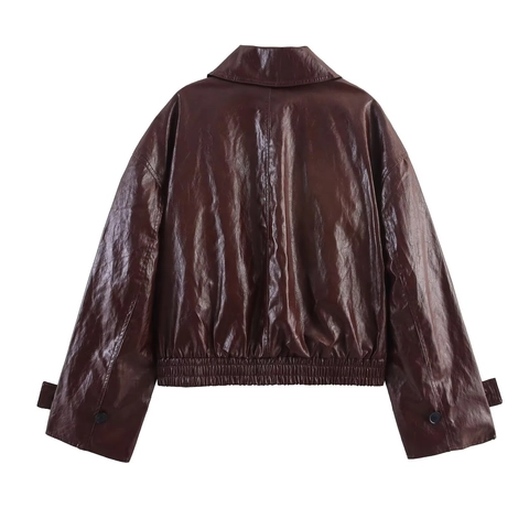 Damen Vintage PU Lederjacke Revers Langarm Einreihig Locker Baseball Uniform Streetwear Oberbekleidung Mantel Burgunderrot