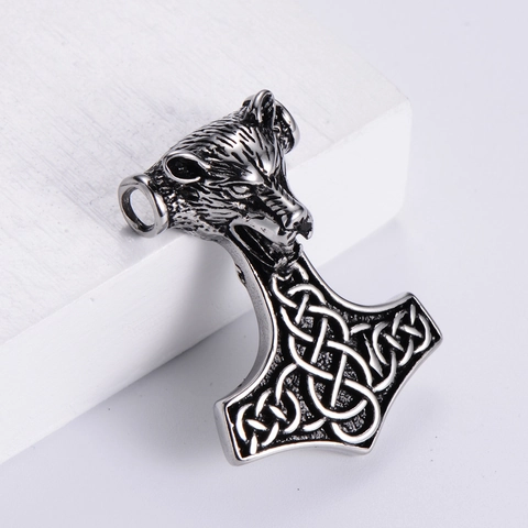 Viking Thor Hammer Pendant Necklace 304 Stainless Steel Wolf Head Celtic Knot Punk Jewelry For Men