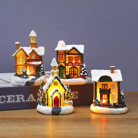 Glowing Resin Christmas Village House With LED Warm Light Simulation Snow Miniature Christmas Desktop Ornaments Festival Gift