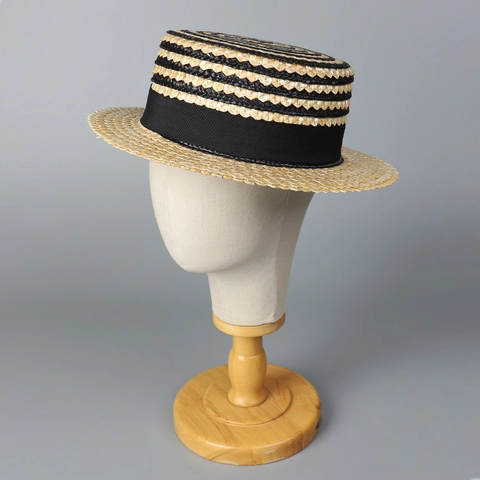 Cappello Boater Donna Paglia Di Grano Traspirante Protezione Solare Estate Spiaggia Retrò Rigato Contrasto Cappello