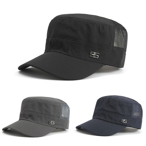 Flat Top Cadet Cap Breathable Mesh Quick Dry Outdoor Sun Protection Hat For Men Women With Metal Badge Decoration