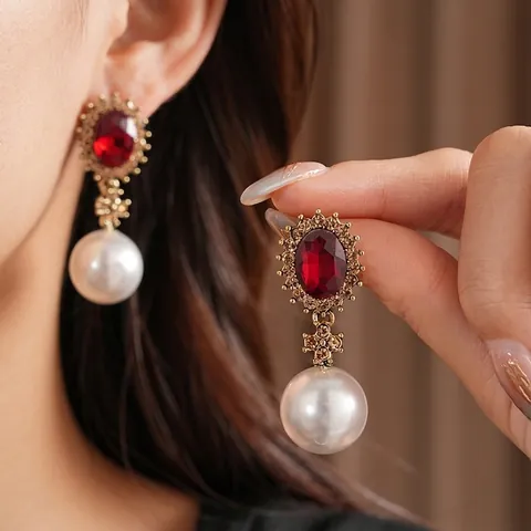 Retro Palace Style Artificial Pearl Drop Earrings Red Oval Stone Rhinestone Alloy For Women Luxury Vintage With Silver Earring Post