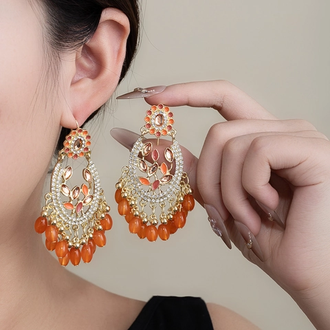 Bohemian Drop Earrings Long Tassel Chandelier Zinc Alloy Crystal Beaded Hollow Out Vintage Orange Gold For Women