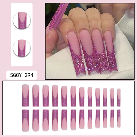 Uñas Postizas Largas Estilo Francés Rosa Mate Brillo Morado Forma De Ataúd Uñas Artificiales Para Dedos
