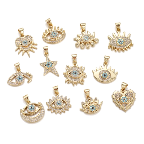 Ciondoli Malocchio Per Creazione Gioielli Rame Placcato Oro 18K Zirconia DIY Cuore Stella Sole Luna Forme Stile Retrò