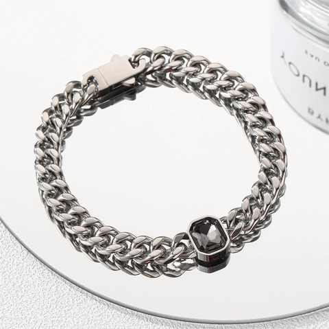 Bracciale a Catena Cubana Hip Hop in Acciaio al Titanio Con Pietra Grigia Geometrica Gioielli Stile Punk Unisex Per Uomo Donna