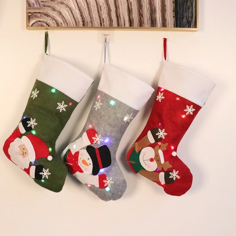 Calcetín De Navidad Led Brillante Tela De Fieltro Papá Noel Muñeco De Nieve Reno Personaje De Dibujos Animados Decoración