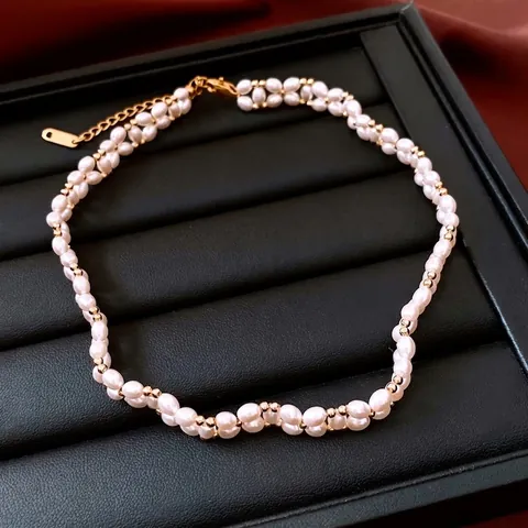 Double Strand Artificial Pearl Necklace French Vintage 18K Gold Plated Brass Interwoven Beaded Jewelry For Women Elegant Accessory
