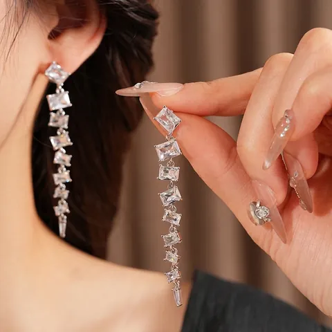 Square Zircon Long Tassel Earrings With Silver Earring Post Copper Geometric Fringe Dangle For Women