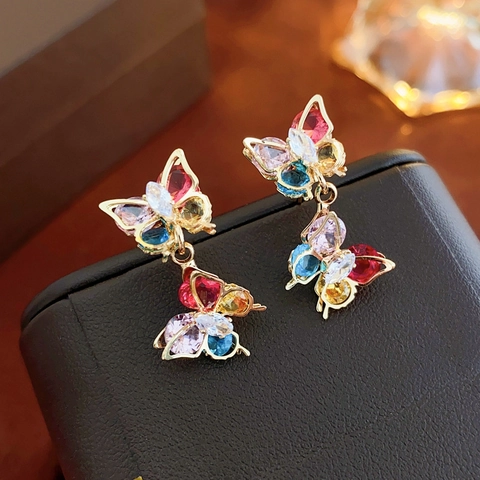 Colorful Zircon Butterfly Drop Earrings With 925 Sterling Silver Earring Post Copper Gold Plated Jewelry For Women