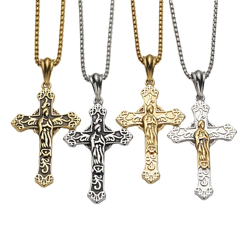 Collar Con Colgante De Cruz Vintage Para Hombre Acero Inoxydable Retrato Religioso En Relieve Crucifijo Hip Hop Streetwear Joyería
