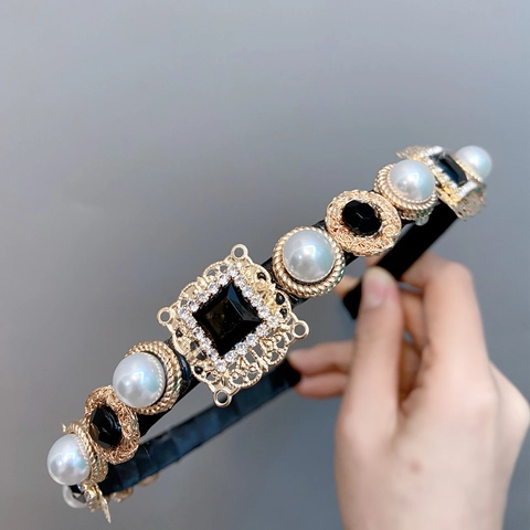 Barock Haarreif Mit Legierung Kunstperle Und Schwarze Strasssteine Retro Luxus Haarschmuck Für Damen
