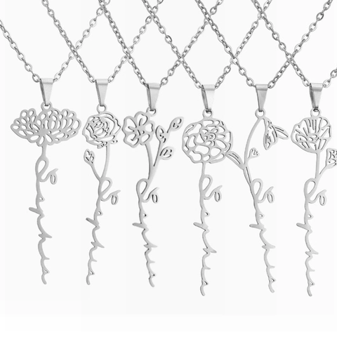 Stainless Steel Birth Flower Necklace For Women Name Pendant Hollow Floral Memorial Month Gift Minimalist Choker Jewelry