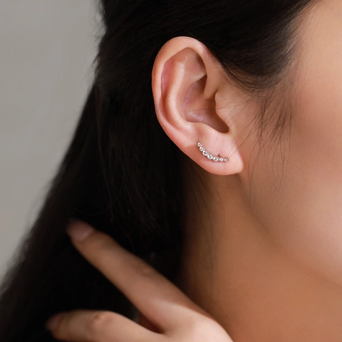 Orecchini a Bottone in Argento Sterling 925 Arco Curvo Sorriso per Donna Zirconia Trasparente Pavé Minimalista Stile Coreano