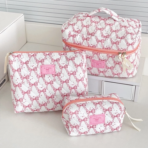 Make-up Tasche Gestepptes Polyester Schleifendruck Reißverschluss Tragbare Reise Süßer Girly Stil Für Frauen
