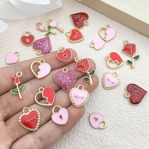 Breloques En Alliage Émail Pendentifs Forme Cœur Rose Pour Fabrication Bijoux DIY Bracelet Collier Artisanat Cadeau Saint Valentin