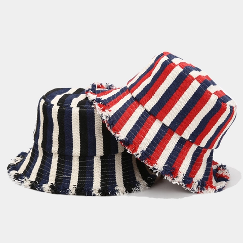 Striped Cotton Bucket Hat Fringed Raw Edge Sun Protection Casual Retro Fisherman Cap For Women