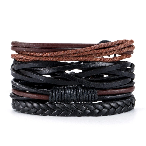 Pulsera Multicapa Retro de Cuero de Vaca Trenzado para Hombre Conjunto de Timón de Ancla de Aleación Pulsera Punk para Hombre Joyería