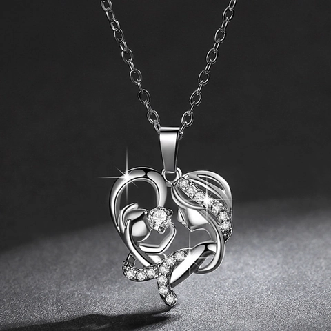 Collana con Ciondolo a Cuore Abbraccio Madre Figlia per Donna Rame con Intarsio di Zirconia Bicolore Oro Rosa Argento Collana Regalo Festa della Mamma