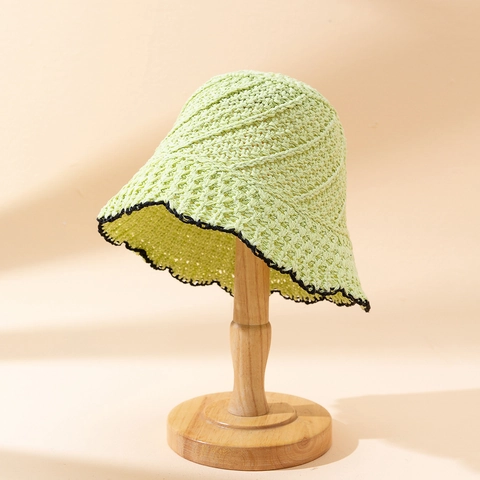 Cappello A Secchiello All'Uncinetto Da Donna Traspirante Cotone Lino Bordo Ondulato Protezione Solare