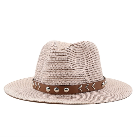 Women Men Straw Fedora Hat Breathable Sun Protection Beach Sunshade Vintage Jazz Style With Rivet Leather Band