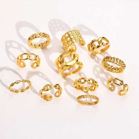 Chain Link Ring For Women 18K IP Gold Plated Stainless Steel Minimalist Punk Industrial Style Stackable Jewelry Accessory