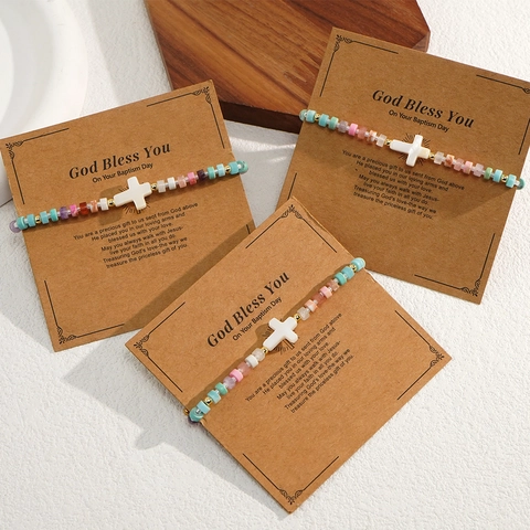 Bracciali Bohemien In Pietra Naturale E Perline Multicolore Ciondolo Croce Di Conchiglia Regalo Religioso Fatto A Mano Per Donna