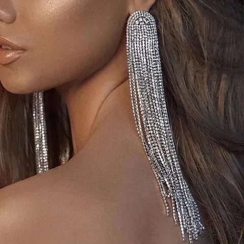 Pendientes De Borla Larga Exagerada Aleación Diamantes De Imitación Con Poste De Plata De Ley 925 Elegante Mujeres