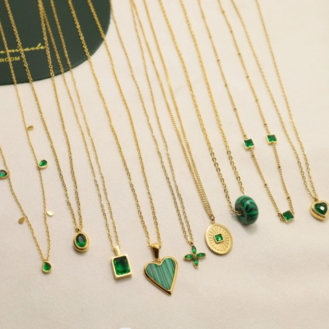 Collier En Acier Inoxydable Plaqué Or 18K Pendentif Zircon Vert Malachite Bijoux Minimalistes Vintage Femmes