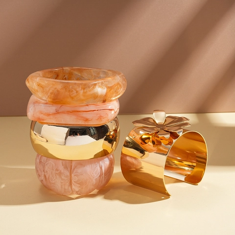 Wide Bangle Bracelets Acrylic Resin Marble Gold Metal Flower Geometric Retro Style Cuff Armband Jewelry Women