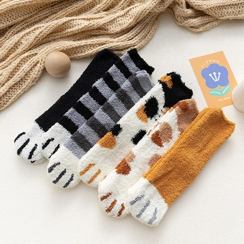 Calze In Pile Corallo Da Donna Spesse Calde Inverno Casa Dormire Motivo Zampa Di Gatto Cartone Animato Morbide Comode