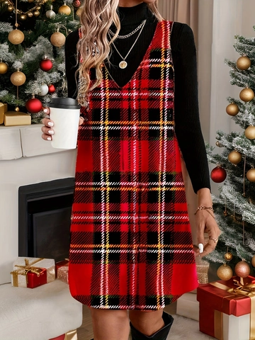 Plaid Sleeveless V-Neck Dress Polyester Spandex Checkered A-Line Pinafore Festive Christmas Autumn Winter For Women