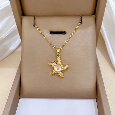 Zeester Hanger Ketting Roestvrijstalen Ketting Koperen Zirkoon Ingelegde Regenboogsteen Elegante Sieraden Voor Dames