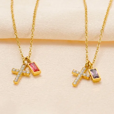 Collana Con Pendente A Croce Placcata Oro Acciaio Inossidabile Zircone Pietra Portafortuna Gioielli Minimalisti Donna
