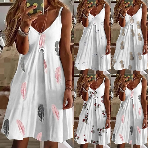 Women Summer V Neck Loose Printed Slip Dress Sexy Sleeveless Boho Beach Midi Dress Comfortable Polyester Blend Dress
