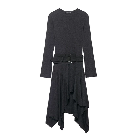 Women Long Sleeve Asymmetrical Midi Dress Solid Color Knit Texture With Belt Round Neck Irregular Hem Elegant Style