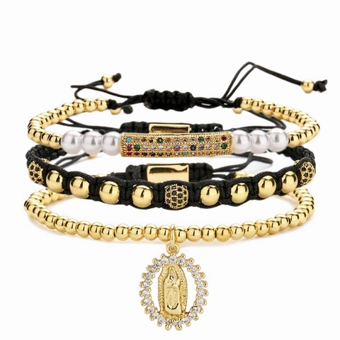 Pulsera De Cuerda Tejida Ajustable Cuentas De Cobre Bañadas En Oro Micro Pave Zirconia Dije De La Virgen María Joyería Bohemia