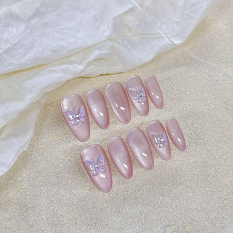 Unghie Finte a Pressione Occhio di Gatto Farfalla Fatte a Mano Rosa Blush 3D Cristallo Fiocco Strass Mandorla Per Donna Gioielli