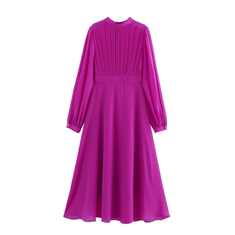 Elegant Women Chiffon Maxi Dress Pleated Standing Collar Long Sleeve Solid Color Formal Party A-Line