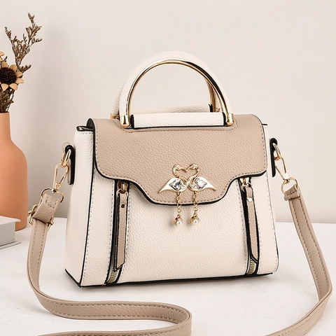 Women Handbag Litchi Pattern PU Leather Shoulder Bag Metal Swan Heart Artificial Pearl Decor Contrast Color Top Handle Elegant