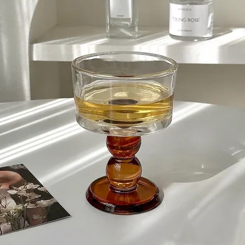 Vintage Geripptes Glas Weinglas Mit Bernstein Schwarz Perlenstiel Für Champagner Cocktail Dessert