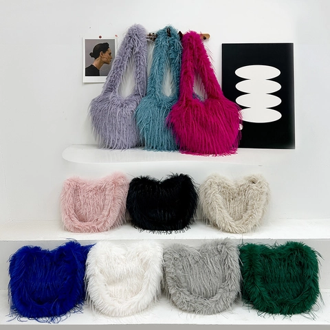 Borsa A Spalla In Pelliccia Sintetica Cuore Frange Grande Capacità Borsa In Peluche Stile Punk Spicy Girl Autunno Inverno