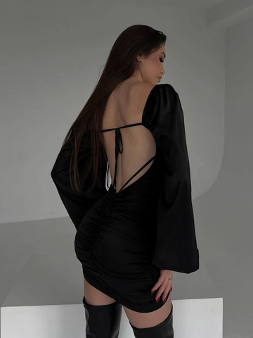 Geriffeltes Rückenloses Minikleid Laternenärmel Baumwollmischung Bodycon Party Clubwear Elegant Für Frauen