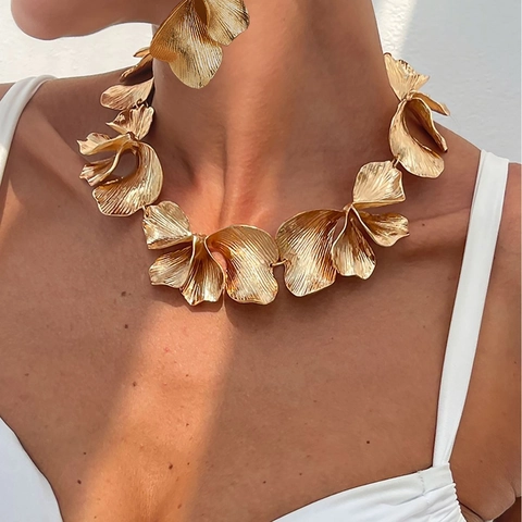 Collana Statement Lega Petalo Di Fiore Strutturato Foglia Di Ginkgo Pendente Gioielli Retro Eleganti Per Donne