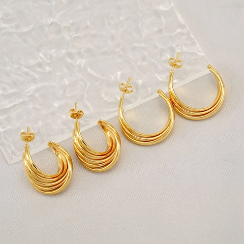 Damen Mehrlagige C-Form Creolen 18K Vergoldeter Edelstahl Polierte Spirale Gedrehte Linie Mode