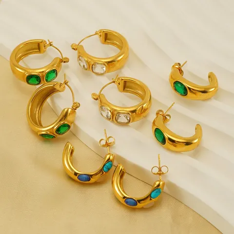 Vintage Chunky Hoop Earrings Women Stainless Steel 18K Gold Plated Zirconia Turquoise C Shaped Retro Luxury
